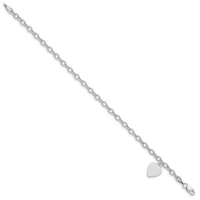 14K White Gold Engravable Solid Dangle Heart Charm and Hollow Chain