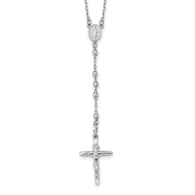 14K White Gold Polished Crucifix and Miraculous Medal with Mirror Beads Rosary Necklace