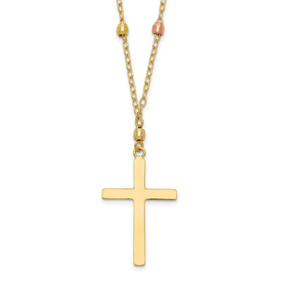 14K Tri-color Mirror Beaded Chain with Polished Cross Pendant Necklace