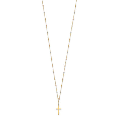 14K Tri-color Diamond-cut Beaded Chain with Polished Cross Pendant Necklace