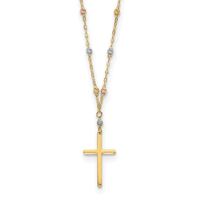 14K Tri-color Diamond-cut Beaded Chain with Polished Cross Pendant Necklace