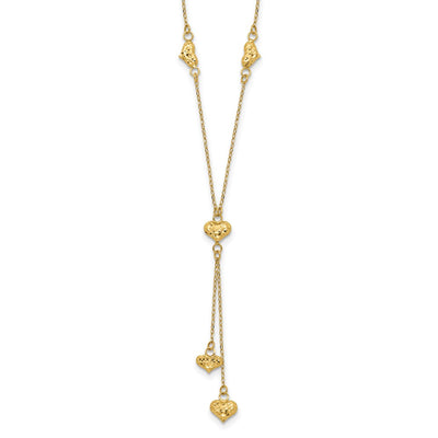 14K Polished Diamond-cut Puffed Hearts Lariat Necklace Plus Extender