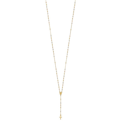 14K Tri-color Cross and Miraculous Medal with Laser-cut Beads Rosary Necklace Plus Extender, 17 x 7mm