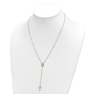 14K Tri-color Cross and Miraculous Medal with Laser-cut Beads Rosary Necklace Plus Extender, 17 x 10mm