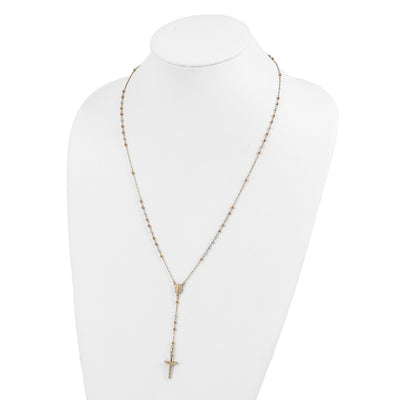 14K Tri-color Polished Crucifix and Miraculous Medal with Faceted Beads Rosary Necklace