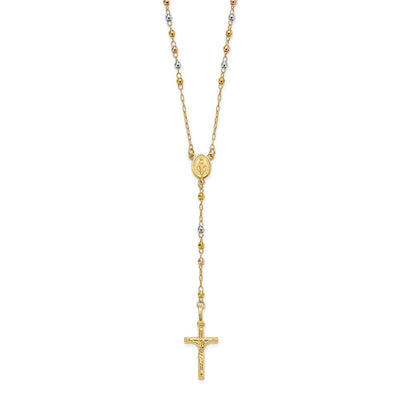 14K Tri-color Polished Crucifix and Miraculous Medal with Faceted Beads Rosary Necklace