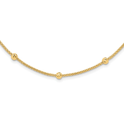 14K Polished Diamond-cut Beads and Mesh Chain, 17 x 4mm