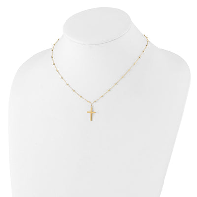 14K Mirror Beaded Chain with Polished Cross Pendant Necklace Plus Extender