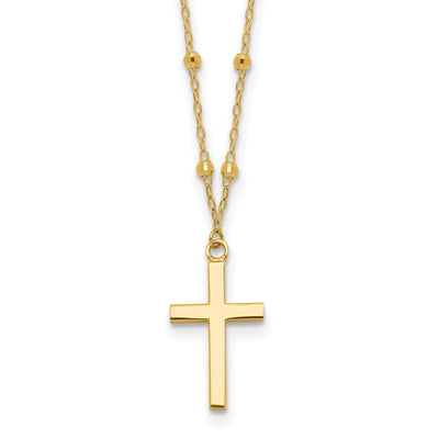 14K Mirror Beaded Chain with Polished Cross Pendant Necklace Plus Extender
