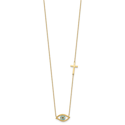 14K Polished Blue CZ Evil Eye and Cross Necklace Plus Extender