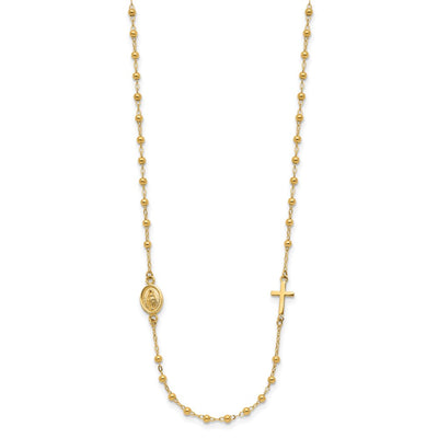 14K Polished Miraculous Medal and Cross Beaded Rosary Design Necklace