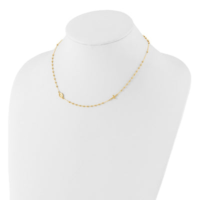 14K Polished Miraculous Medal and Cross Beaded Rosary Design Necklace