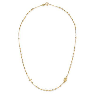 14K Polished Miraculous Medal and Cross Beaded Rosary Design Necklace