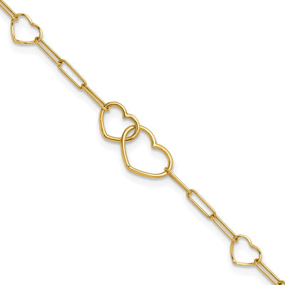 14K Polished Double Hearts and Paper Clip Links Bracelet