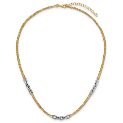 14K Two-Tone Polished Fancy Oval Link and Double Strand Chain with extension Necklace