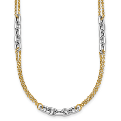 14K Two-Tone Polished Fancy Oval Link and Double Strand Chain with extension Necklace