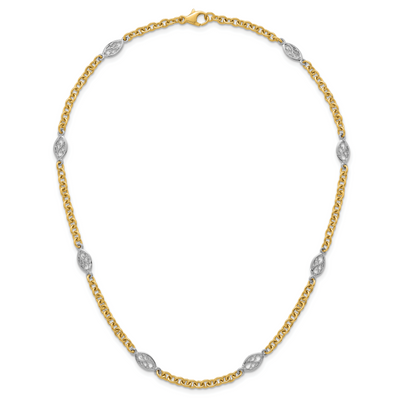 14K Two-tone Polished Fancy Cable Chain and Filigree Oval Necklace