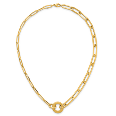 14K Polished And Brushed Paperclip Link With Circle Necklace
