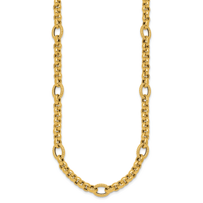 14K Polished and Textured Rolo and Oval Fancy Chain Necklace