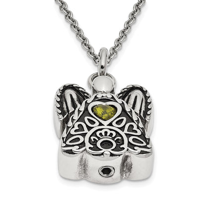 Sentimental Expressions Stainless Steel Light Green CZ August Birthstone Antiqued Angel Ash Holder Necklace