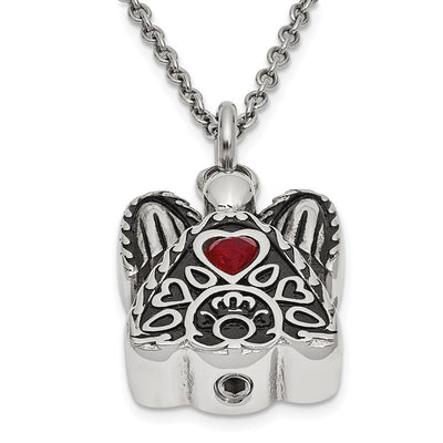 Sentimental Expressions Stainless Steel Dark Red CZ January Birthstone Antiqued Angel Ash Holder Necklace
