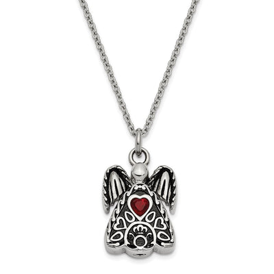 Sentimental Expressions Stainless Steel Dark Red CZ January Birthstone Antiqued Angel Ash Holder Necklace