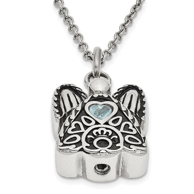 Sentimental Expressions Stainless Steel Light Blue CZ March Birthstone Antiqued Angel Ash Holder Necklace