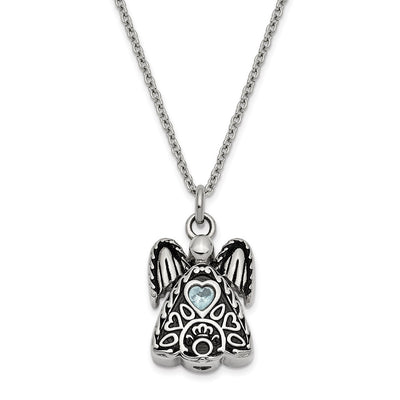 Sentimental Expressions Stainless Steel Light Blue CZ March Birthstone Antiqued Angel Ash Holder Necklace
