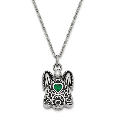 Sentimental Expressions Stainless Steel Green CZ May Birthstone Antiqued Angel Ash Holder Necklace
