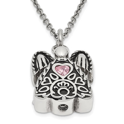 Sentimental Expressions Stainless Steel Pink CZ October Birthstone Antiqued Angel Ash Holder Necklace