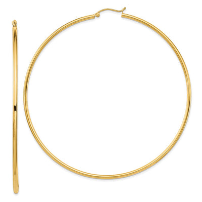 14K Polished Lightweight Round Tube Hoop Earrings, 80 x 2mm