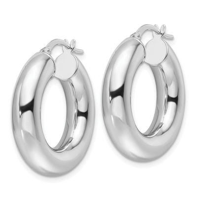 14K White Gold Polished Hollow Round Tube Round Hoop Earrings