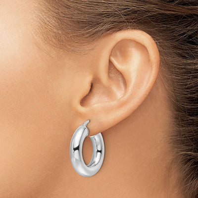 14K White Gold Polished Hollow Round Tube Round Hoop Earrings