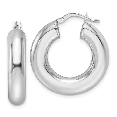 14K White Gold Polished Hollow Round Tube Round Hoop Earrings