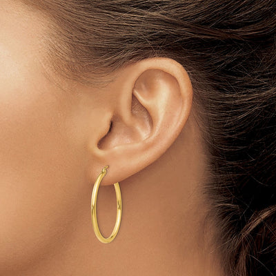 14K Polished Lightweight Tube Hoop Earrings, 30 x 2mm