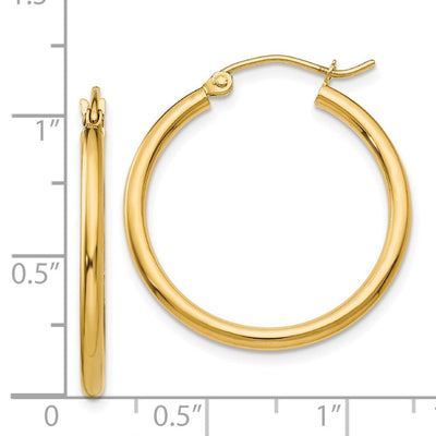 14K Polished Lightweight Tube Hoop Earrings, 25 x 2mm