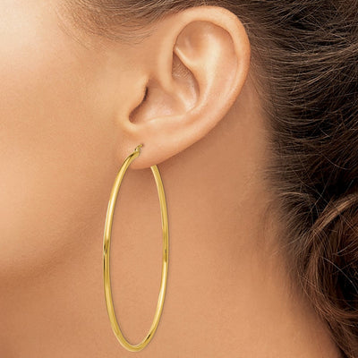 14K Polished Lightweight Tube Hoop Earrings, 65 x 2mm