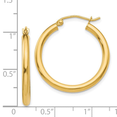 14K Polished Lightweight Tube Hoop Earrings, 25 x 2.5mm