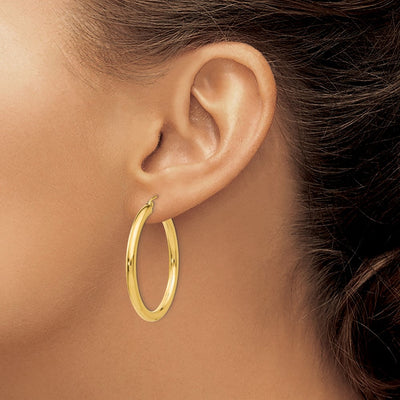 14K Polished Lightweight Tube Hoop Earrings, 35 x 3mm