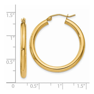 14K Polished Lightweight Tube Hoop Earrings, 30 x 3mm