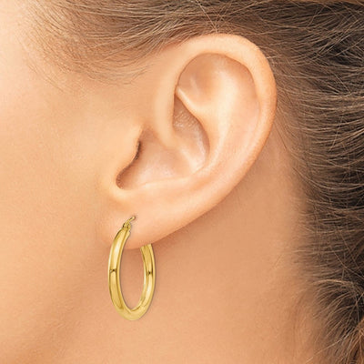 14K Polished Lightweight Tube Hoop Earrings, 25 x 3mm