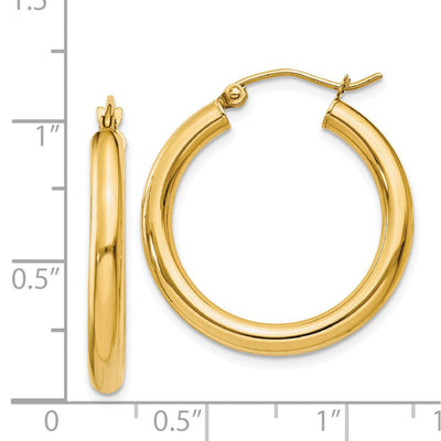 14K Polished Lightweight Tube Hoop Earrings, 25 x 3mm