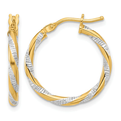 14K and White Rhodium Polished Diamond-cut Hoop Earrings