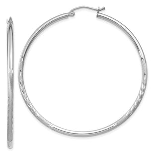 14k White Gold Satin and Diamond-cut Round Hoop Earrings (Style TC203)