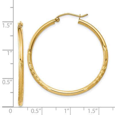 14K Satin and Diamond-cut Round Tube Hoop Earrings, 35 x 2mm