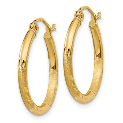 14K Satin and Diamond-cut Round Tube Hoop Earrings, 20 x 2mm