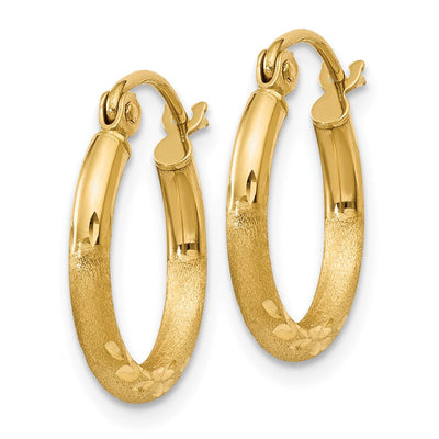14K Satin and Diamond-cut Round Tube Hoop Earrings, 15 x 2mm