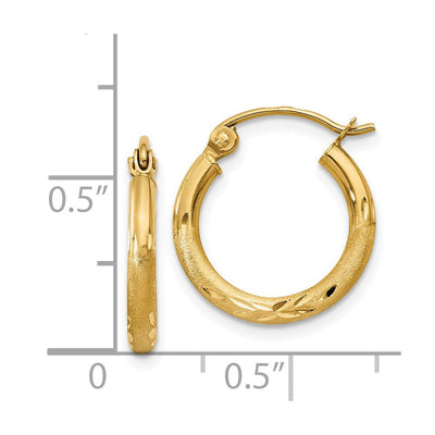 14K Satin and Diamond-cut Round Tube Hoop Earrings, 15 x 2mm
