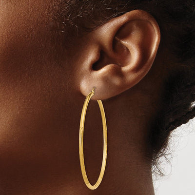 14K Satin and Diamond-cut Round Tube Hoop Earrings, 50 x 2mm