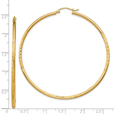 14K Satin and Diamond-cut Round Tube Hoop Earrings, 60 x 2mm